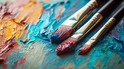 Obraz premium Paintbrushes on textured canvas with color strokes for art creativity acrylic painting tools expression palette