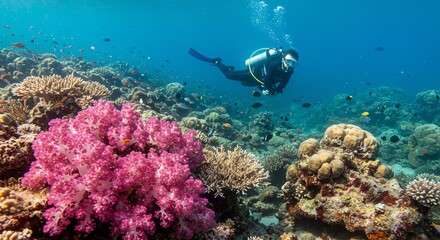 Obraz premium Scuba diver exploring vibrant coral reef