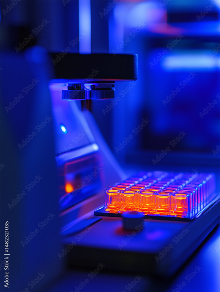Poster lab thermal cycler displaying glowing controls in a high tech scientific environment during a resear