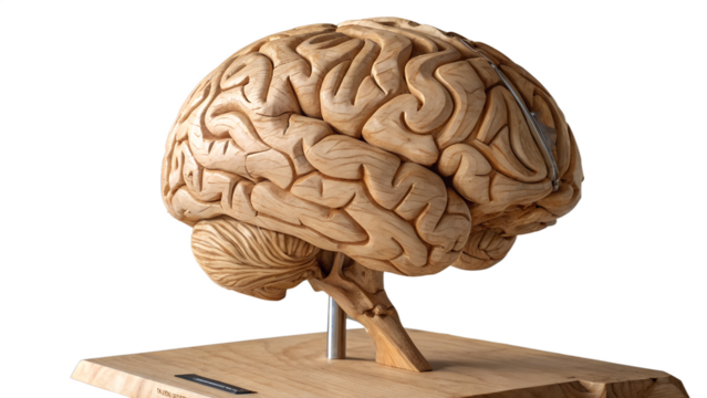 "High Resolution Photo of Artistic Brain Sculpture Carved from Wood – Detailed Handcrafted Artwork Showcasing Natural Texture and Creative Anatomical Design"