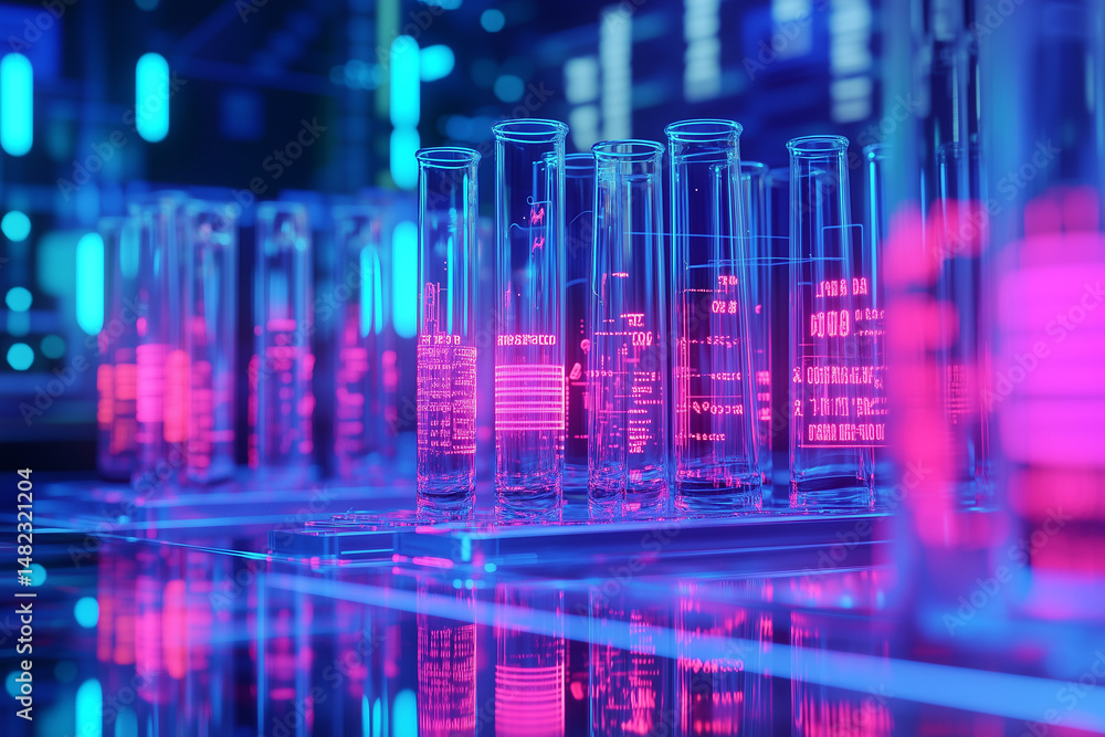 Poster cluster of illuminated test tubes in a high tech laboratory showcasing vibrant colors and advanced s