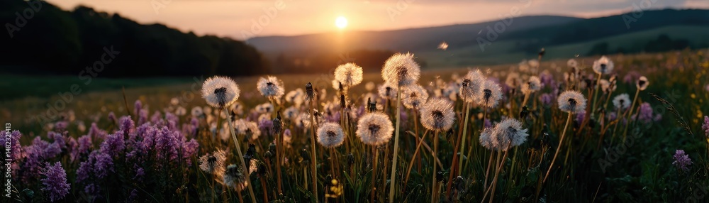 Poster blowing in the wind across field with leaves and dandelion concept. beautiful dandelions blooming in