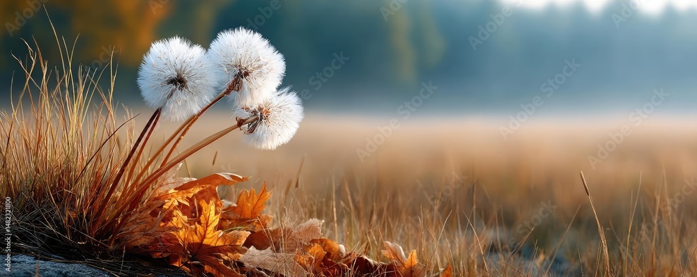 Poster blowing in the wind across field with leaves and dandelion concept. a serene view of dandelion puff 