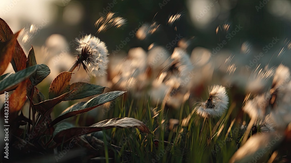Poster blowing in the wind on hill with dandelion and sunrise concept. soft dandelion seeds floating in a g