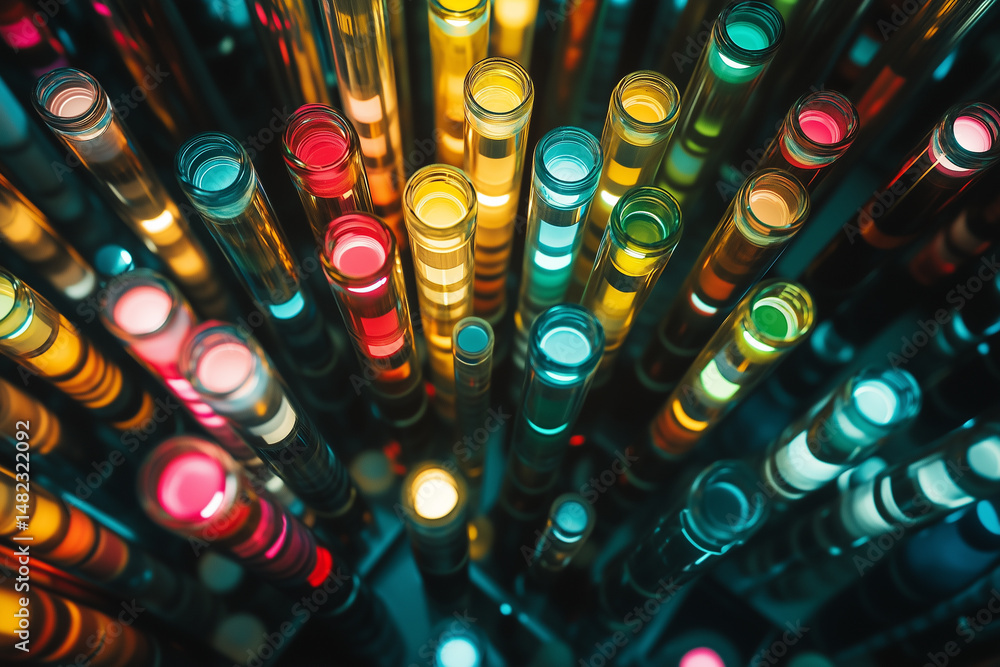 Poster colorful arrangement of test tubes showcasing vibrant liquids in a laboratory setting during a scien