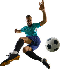 Banner. Football athlete performing flying kick with arms extended, captured mid-air in intense...