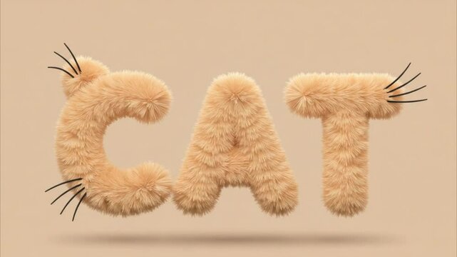 3D fluffy text 'CAT' with whiskers and soft fur texture &mdash; cozy and clever.