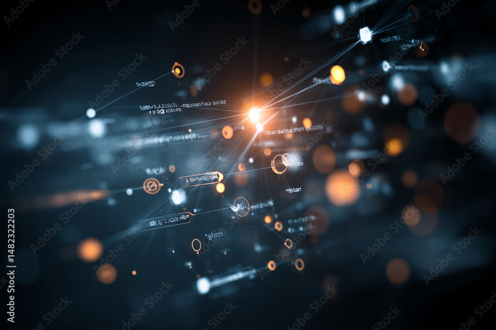 Poster abstract image of interconnected nodes and data streams, glowing with orange and blue hues, symboliz