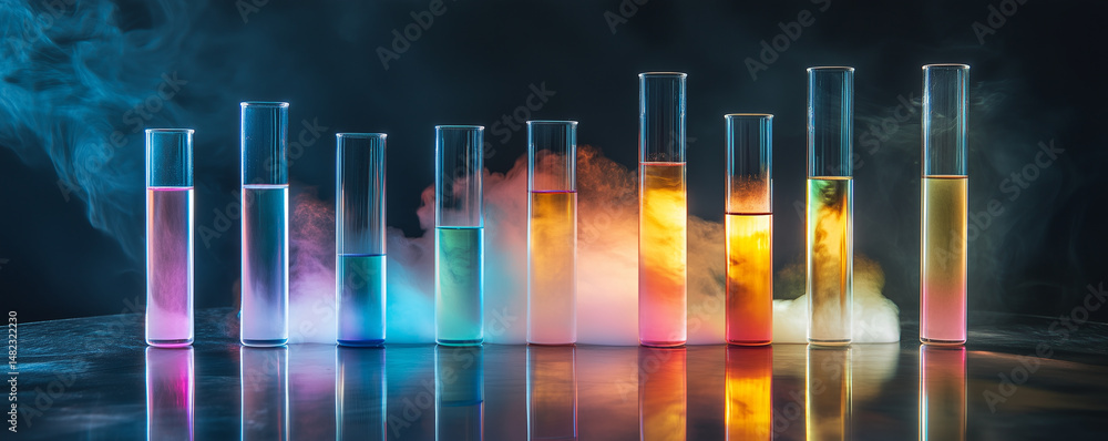 Poster colorful test tubes with gradient fluids arranged on a reflective surface in a lab with smoke effect