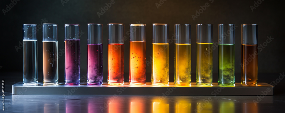 Poster colorful test tubes displaying gradient fluids arranged in a laboratory setting during daylight
