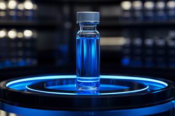 Vial containing blue liquid illuminated in a laboratory setting with surrounding blue light