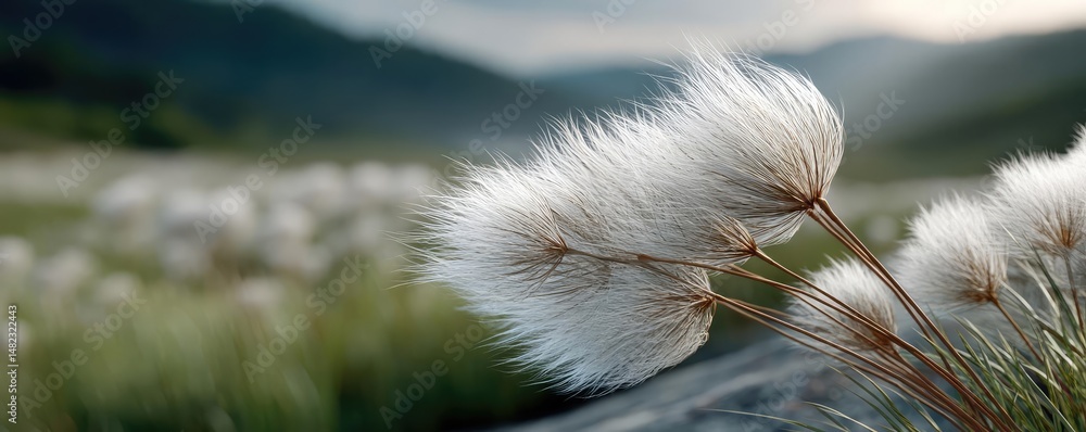Poster blowing in the wind on hill with dandelion and sunrise concept. a close-up view of delicate white tu