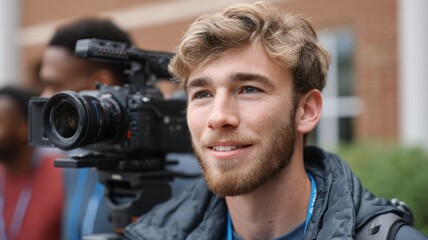 Obraz premium Young man with camera expressing excitement at an outdoor photography event capturing memories