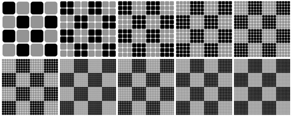 Fototapeta premium Set of black and gray checkered geometric patterns isolated on white. Vector illustration.