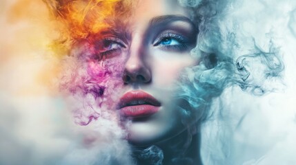 Surreal female portrait emerging from clouds with soft light for fantasy beauty emotional dreamscape concept