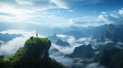 Breathtaking Mountain Landscape with Solitary Figure at Sunrise