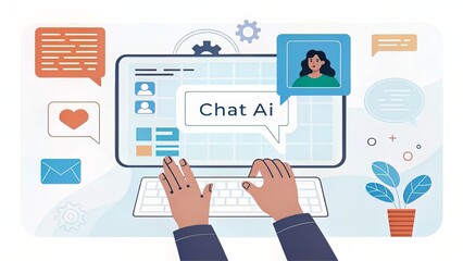 Person typing on a virtual transparent screen labeled ?Chat AI?, surrounded by messaging and neural network UI components