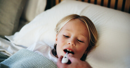 Bedroom, thermometer and sick with girl, parent and illness with symptoms, disease and care. Home, family and daughter in bed, checking fever and temperature with influenza, cold and monitor child