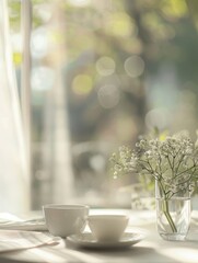 A blurred background a refined setting, with subtle hints of teacups or a table setup