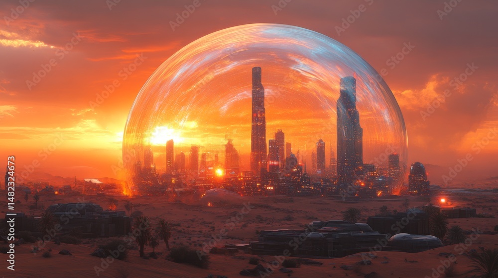 Poster an advanced megacity with towering skyscrapers is shielded by a transparent dome, creating a vibrant