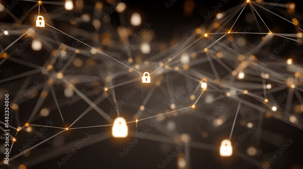 Poster abstract network visualization with glowing padlock icons connected by lines, symbolizing data secur