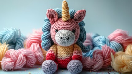 Handmade Knitted unicorn on pastel background
