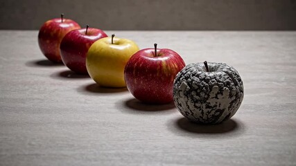 Six apples lined in row on minimal wooden surface with one wrinkled and dark, conceptual still life symbolizing contrast, imperfection and uniqueness among uniformity