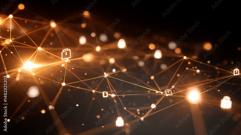 Poster abstract image of glowing orange network nodes and lines, symbolizing secure data connection and dig