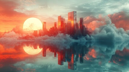 Floating city at sunset, reflected in clouds