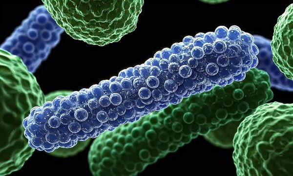 Microscopic Illustration Of Blue Rod-Shaped And Green Spherical Microbes Against Black Background