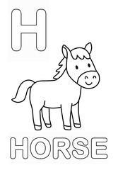 Alphabet Coloring Page for Kids. Children's Coloring Activity sheet. Cute Horse Illustration to Color.