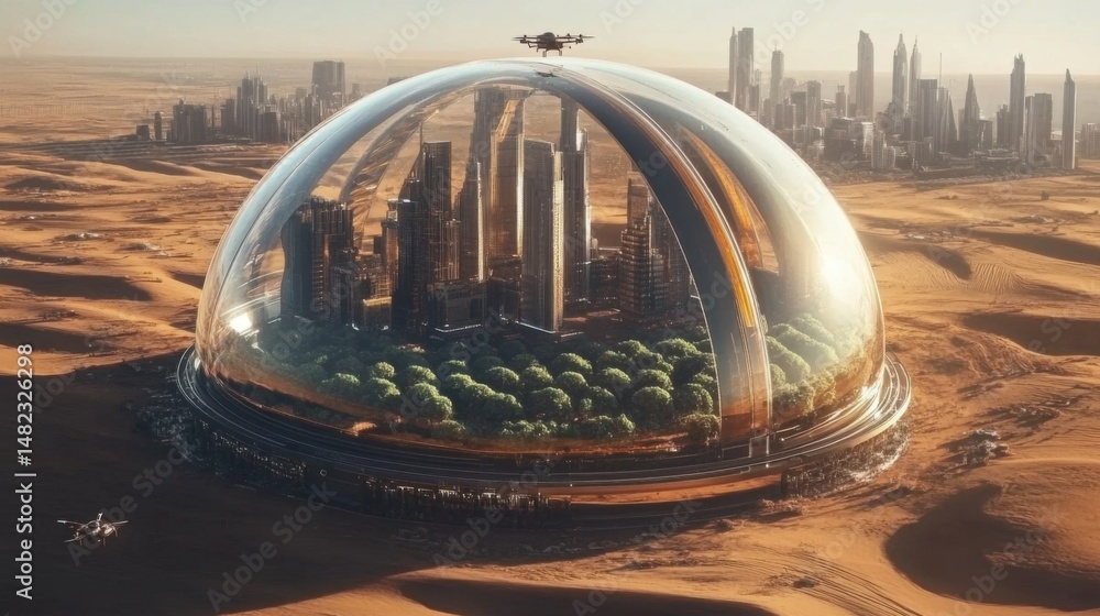 Poster a large dome houses greenery and modern architecture in a sprawling megacity. the structure is desig