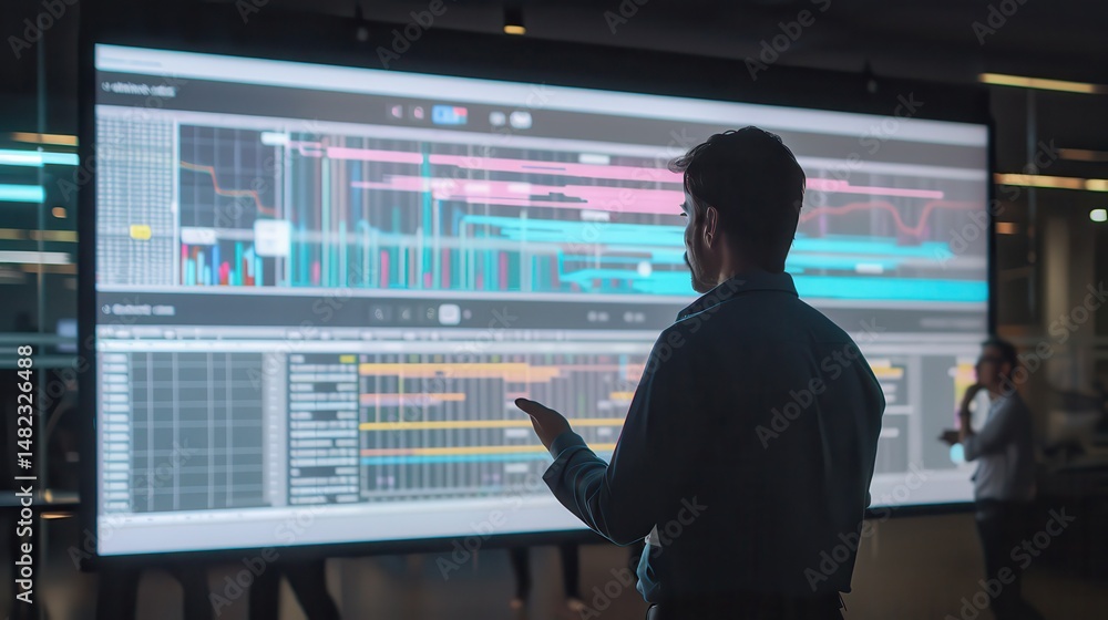 Poster man presenting data on large screen with graphs and charts in a modern office setting environment