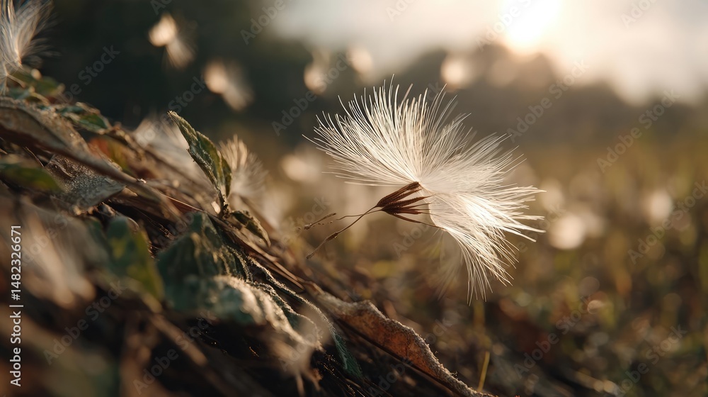 Poster blowing in the wind across field with leaves and dandelion concept. a close-up of a dandelion seed f
