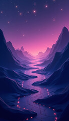 Neon fantasy road through dark mountains at twilight