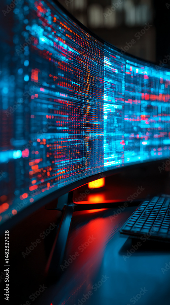 Poster curved monitor displaying blue and red digital code, creating a dynamic technological aesthetic, sym