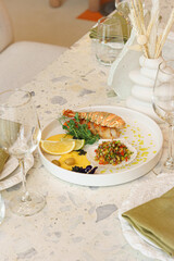 Seafood platter with lobster and vegetables at restaurant