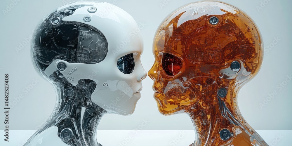 Poster futuristic humanoid robots facing each other with internal mechanical components visible