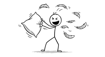 Joyful stick figure having a pillow fight with flying feathers illustration