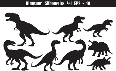 Dinosaur Silhouettes Set - Black Prehistoric Animal Cutouts - Vector Clipart