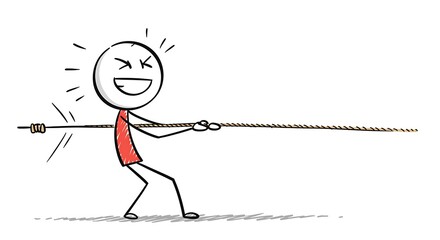 Cartoon stick figure pulling rope with determination and joyous face expression