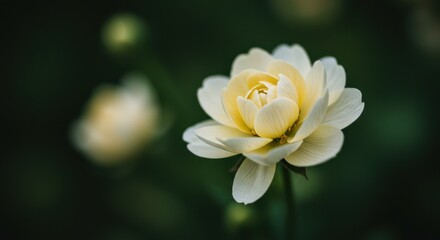 Delicate pale yellow water lily blooming gracefully on a serene pond backdrop