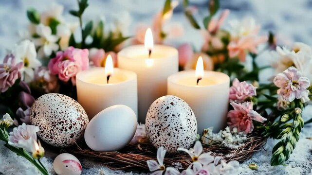 Easter Candles and Eggs: Three elegant white candles illuminate a nest of speckled Easter eggs and delicate spring flowers, creating a serene and festive Easter scene.