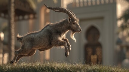 A leaping goat in a picturesque outdoor setting.