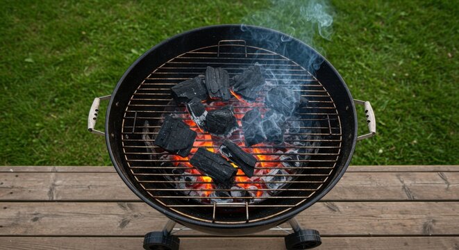 Charcoal grill with burning coals and smoke on a wooden deck for cooking, grilling, and outdoor events.