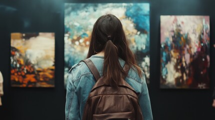 Woman observing paintings in gallery for art appreciation exhibition cultural museum lifestyle creative perspective