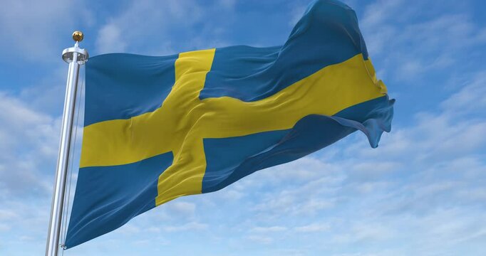 Sweden flag with flagpole waving in wind, rolling clouds background looping, 4K video (Perfect Loop)