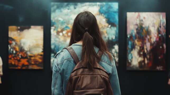 Woman observing paintings in gallery for art appreciation exhibition cultural museum lifestyle creative perspective