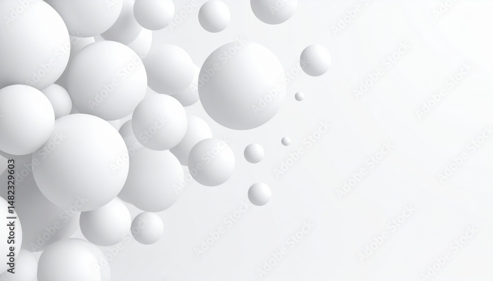 Poster dynamic white spheres floating in minimalist space abstract design digital art clean environment aes