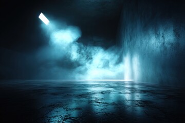 A dimly lit, empty room with blue fog and a single light source creates a mysterious, atmospheric ambiance.